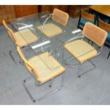 A GLASS TOPPED DINING TABLE ON CHROMIUM TUBULAR BASE, 71CM H; 152 X 92CM AND A SET OF FOUR CESCA