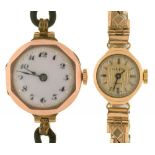 TWO 9CT GOLD LADY'S WRISTWATCHES ON PLATED BRACELET OR LEATHER CORD STRAP++LIGHT WEAR CONSISTENT