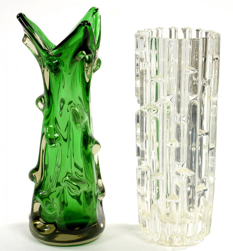 TWO 1960'S MODERNIST GLASS VASES, ONE CASED GREEN, 28CM H AND CIRCA