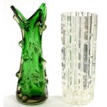 TWO 1960'S MODERNIST GLASS VASES, ONE CASED GREEN, 28CM H AND CIRCA