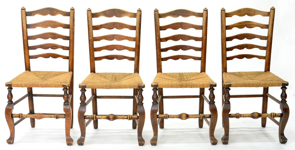 A SET OF FOUR VICTORIAN ASH LADDER BACK RUSH SEATED DINING CHAIRS