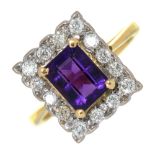 AN AMETHYST AND DIAMOND CLUSTER RING IN 18CT GOLD, BIRMINGHAM 2000, 6G, SIZE N++IN GOOD CONDITION