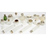 EIGHT VARIOUS SILVER CAPPED GLASS `JARS AND BOTTLES, EDWARD VII AND LATER AND OTHER MISCELLANEOUS