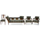 AN EDWARDIAN INLAID MAHOGANY FOUR PIECE SALON SUITE, UPHOLSTERED IN STRIPE BUTTON BACK FABRIC ON