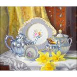 H. S. BLAKEY, STILL LIFE WITH TEA SERVICE AND FLOWERS, SIGNED AND DATED 1980, OIL ON BOARD, 42 X