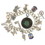 A SILVER CHARM BRACELET WITH TWELVE SILVER CHARMS AND AN ENAMELLED MEDALLION, 75G++LIGHT WEAR