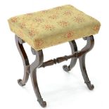 A VICTORIAN MAHOGANY STOOL, NEEDLEWORK SEAT, 47CM H; 42 X 33CM