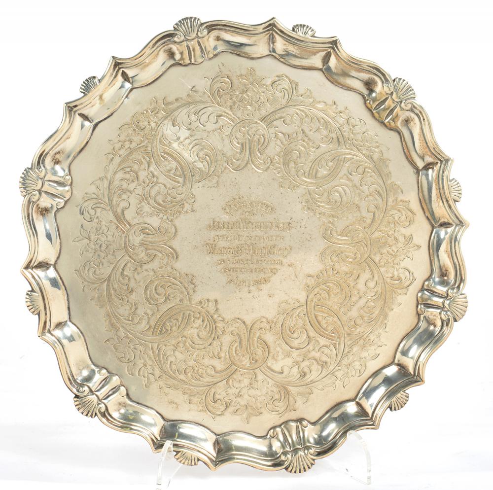 A GEORGE II SILVER SALVER, 27.5 CM DIAM, INSCRIBED PRESENTED TO JOSEPH WRIGHT ESQ BY THE OFFICERS OF