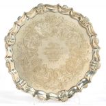 A GEORGE II SILVER SALVER, 27.5 CM DIAM, INSCRIBED PRESENTED TO JOSEPH WRIGHT ESQ BY THE OFFICERS OF