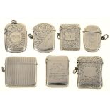 SEVEN VARIOUS SILVER VESTA CASES, VICTORIAN AND LATER, LARGEST 5 X 4.5 CM, 5OZS 2DWTS++HINGE
