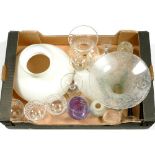 MISCELLANEOUS CUT AND COLOURED GLASSWARE, INCLUDING A WHITE GLASS LAMP SHADE AND A DARTINGTON