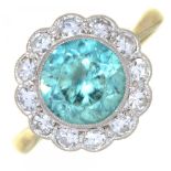 AN EDWARDIAN BLUE ZIRCON AND DIAMOND CLUSTER RING, IN GOLD MARKED PLAT 9CT, 3.5G, SIZE L++LIGHT WEAR