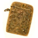 AN ART NOUVEAU BRASS VESTA CASE, STAMPED TO EITHER SIDE WITH MASONIC EMBLEMS AND FOLIAGE, 6CM H,