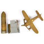 A WWII BRASS MODEL AEROPLANE, A BRASS SHELL CASE CANISTER AND A TALLENT CHROMIUM PLATED TABLE