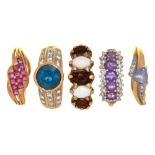 FIVE GEM SET 9CT GOLD RINGS, INCLUDING AN AMETHYST AND DIAMOND CLUSTER RING AND AN AMETHYST AND