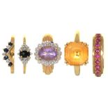 FIVE GEM SET 9CT GOLD RINGS, INCLUDING TWO SAPPHIRE AND DIAMOND RINGS, 12G, SIZE L - S++LIGHT WEAR