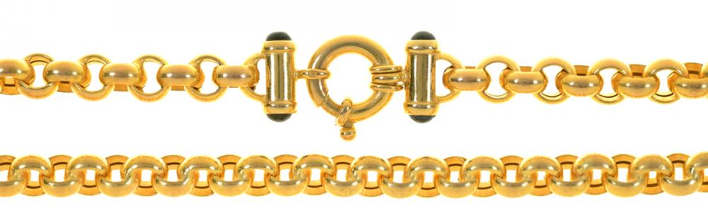 A GOLD CHAIN, SET WITH SAPPHIRE CABOCHONS TO CLASP, MARKED 375, 25G++LIGHT WEAR CONSISTENT WITH AGE