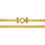 A GOLD CHAIN, SET WITH SAPPHIRE CABOCHONS TO CLASP, MARKED 375, 25G++LIGHT WEAR CONSISTENT WITH AGE