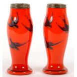 A PAIR OF SILVER MOUNTED RED GLASS VASES, ENAMELLED WITH BLUE BIRDS, 15.5CM H, LONDON 1925