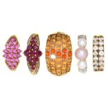 FIVE GEM SET 9CT GOLD RINGS, INCLUDING A PEARL AND DIAMOND RING, A RUBY AND DIAMOND RING AND A