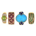 FOUR GEM SET RINGS IN 9CT GOLD, 23G, SIZE L - S++LIGHT WEAR CONSISTENT WITH AGE