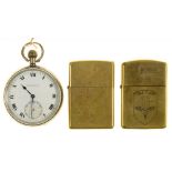 A SILVER LEVER WATCH AND TWO BRASS LIGHTERS