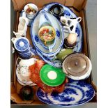 MISCELLANEOUS GLASS AND CERAMICS, INCLUDING FLOW BLUE DINNER WARE, A CAITHNESS PAPERWEIGHT, ETC
