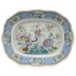 A STAFFORDSHIRE BLUE PRINTED AND ENAMELLED STONE CHINA MEAT DISH, DECORATED WITH ORIENTAL FLOWERS,