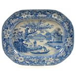 A BLUE PRINTED EARTHENWARE FISHERMEN DRYING THEIR NETS PATTERN MEAT DISH, WITH MOULDED GRAVY TREE IN