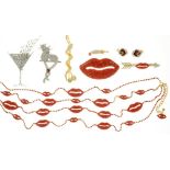 A QUANTITY OF BUTLER AND WILSON JEWELLERY, LIPS ETC, COMPRISING TWO NECKLACES, FOUR BROOCHES, A PAIR