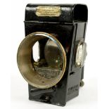 A JOSEPH LUCAS BRASS MOUNTED AND BLACK PAINTED IRON KING OF THE ROAD MOTORCYCLE LAMP, 19CM H,