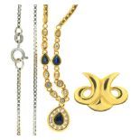 A SAPPHIRE AND DIAMOND NECKLACE IN 18CT GOLD, AND AN 18CT GOLD PENDANT AND CHAIN, 22G++LIGHT WEAR