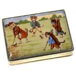 AN ELIZABETH II SILVER SNUFF BOX WITH PHOTO ENAMEL TO THE LID IN THE MANNER OF LOUIS WAIN, 5.5 CM W,