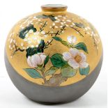 A KUTANI GLOBULAR PORCELAIN VASE, ENAMELLED WITH PRUNUS AND CAMELLIA ON A SPRINKLED MATT GILT