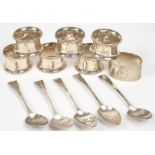 A SET OF SIX GEORGE V SILVER NAPKIN RINGS, 45 MM DIAM, BIRMINGHAM 1922, ANOTHER SILVER NAPKIN