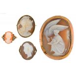 A SHELL CAMEO BROOCH OF LEDA AND THE SWAN IN GOLD MARKED 9CT, A SHELL CAMEO BROOCH OF A CENTURION IN