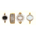 FOUR DIAMOND SET 9CT GOLD RINGS, COMPRISING A PAVE DIAMOND RING, STAMPED 0.50, TWO OPAL AND