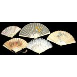 FIVE FRENCH BONE FANS, ONE WITH SEQUIN DECORATED IVORY SILK LEAF, THE OTHERS PAINTED WITH