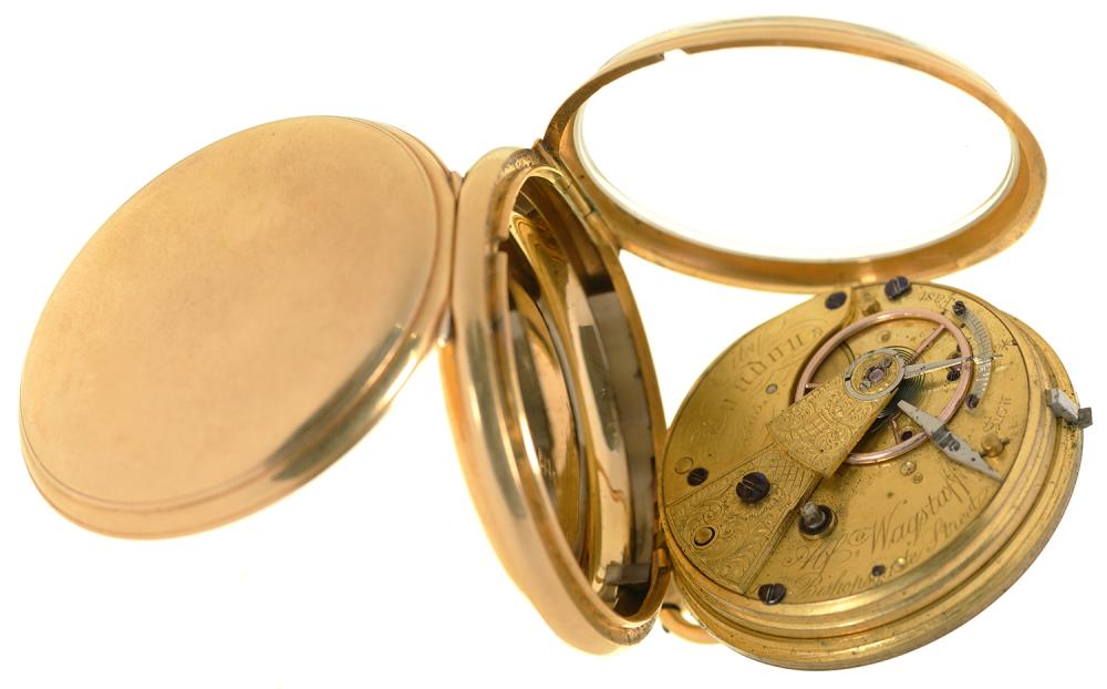 AN ALFRED WAGSTAFF 18CT GOLD GENTLEMAN'S LEVER WATCH, CASEMAKER HGMS, LONDON 1877, 5CM, 88.5G ++ - Bild 2 aus 4