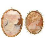 A SHELL CAMEO BROOCH IN 9CT GOLD, 5.5 X 4.5 CM APPROX AND ANOTHER++LIGHT WEAR CONSISTENT WITH AGE