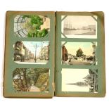 AN ORIGINAL EARLY 20TH C ALBUM OF POSTCARDS, PRINCIPALLY ENGLISH TOWNS, CITIES AND RESORTS, MANY