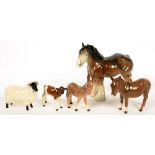 FOUR BESWICK ANIMALS, COMPRISING SHEEP, CALF, DONKEY AND FOAL, VARIOUS SIZES, PRINTED MARK AND A