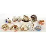 TEN ROYAL CROWN DERBY PAPERWEIGHTS, PRINTED MARK, NO STOPPER AND A MILLEFIORI GLASS PAPERWEIGHT
