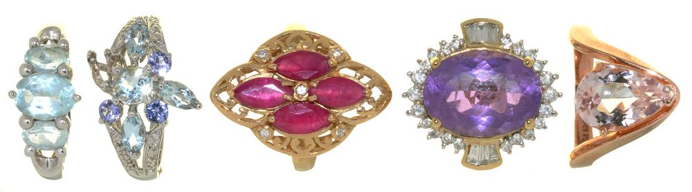 FIVE GEM SET 9CT GOLD RINGS, INLCUDING A RUBY AND DIAMOND RING, AN AMETHYST AND DIAMOND RING AND A