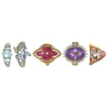 FIVE GEM SET 9CT GOLD RINGS, INLCUDING A RUBY AND DIAMOND RING, AN AMETHYST AND DIAMOND RING AND A