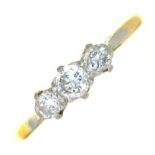 AN EDWARDIAN THREE STONE DIAMOND RING IN GOLD MARKED 18CT PLAT, 2G, SIZE Q++LIGHT WEAR CONSISTENT
