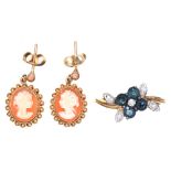 A PAIR OF SHELL CAMEO EARRINGS IN 9CT GOLD AND A SILVER GILT RING ++LIGHT WEAR CONSISTENT WITH AGE