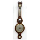 AN EARLY 19TH C MAHOGANY AND LINE INLAID BAROMETER, THE BUBBLE LEVEL INSCRIBED PETER CORDI,