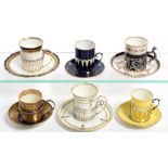 SIX AYNSLEY, COPELAND AND GEORGE JONES COFFEE CUPS AND SAUCERS, EACH WITH PIERCED SILVER HOLDER,