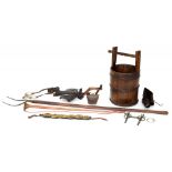 CREAM. A WOODEN WELL BUCKET, 62CM H, A VINTAGE FORGED IRON PITCHFORK, AN ORNAMENTAL COPPER POST HORN